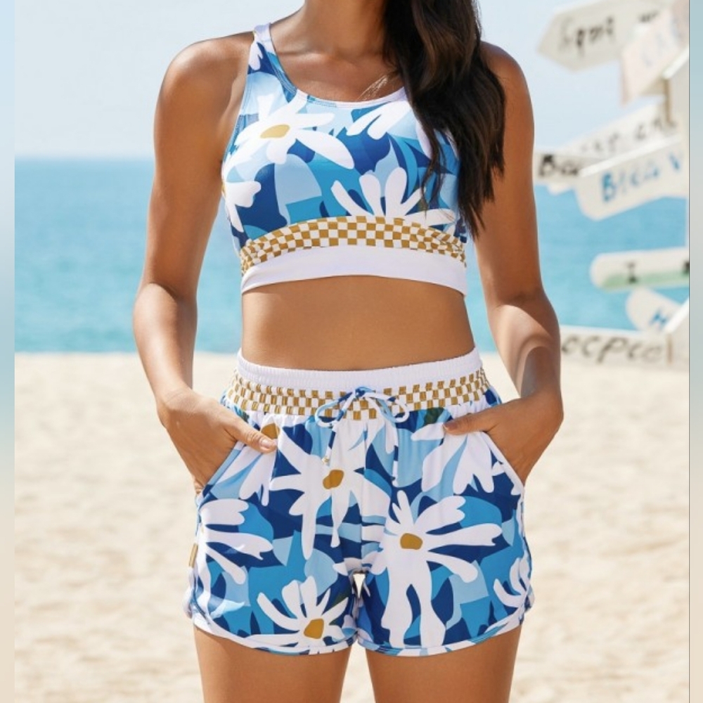 Walk on Beach Blue Floral Swimsuit Bikini Size Medium